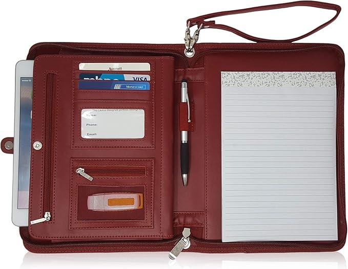 Zippered Portfolio Binder with Junior Legal 5x8 Notepad - Burgundy PU Faux Leather Business Padfolio Organizer Folder with 8 Inch Tablet Sleeve & Gift Box by Lautus Designs