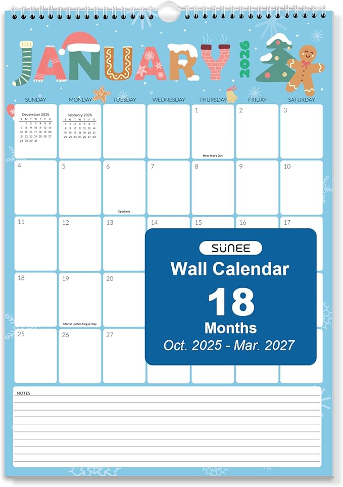 SUNEE Calendar 2026 18 Months Wall Calendar Oct. 2025 - Mar. 2027, 12"x17" Big Hanging Calendar 2026 with Note, Past Month and Next Month for Organizing & Planning, Cute