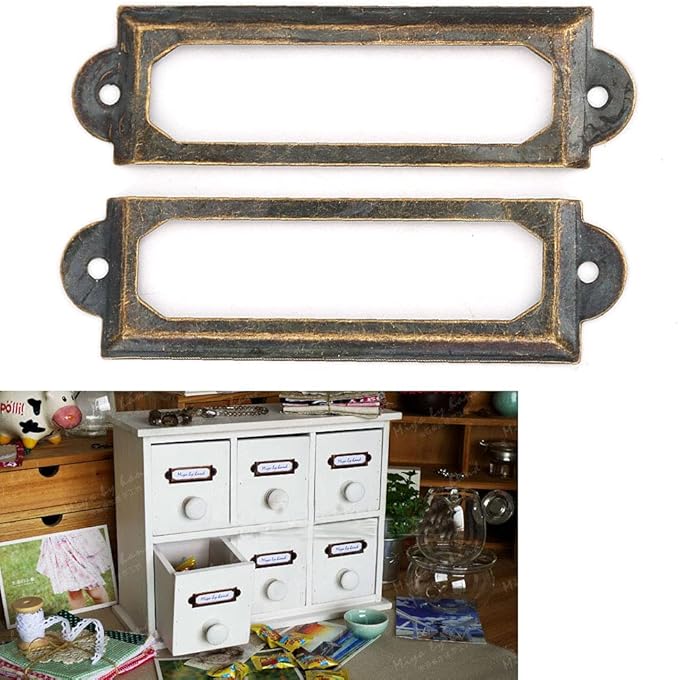 20PCS Metal Drawer Label Holders, Retro Exquisite File Cabinet Label Frames Card Tag Label Holder with Screws for Office Drawers Shelves (Bronze Color)