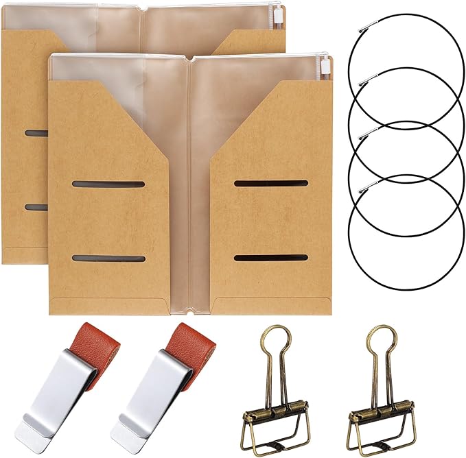 Travelers Journal Notebook Accessories Kit Include Travel Kraft File Folder, Zipper Case, Pen Holder, Binder Clip and Elastic Bands Travel Accessories Supplies(2 Pack,Standard Size)