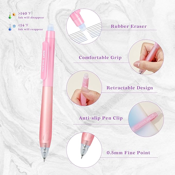 Temiary 8 PCS Retractable Erasable Pens (4 Black & 4 Blue), Heat Sensitive 0.5 mm Fine Point Erasable Gel Ink Pen, Eraser Pen for Journaling Crossword Puzzles School Office Supplies (Purple & Pink)