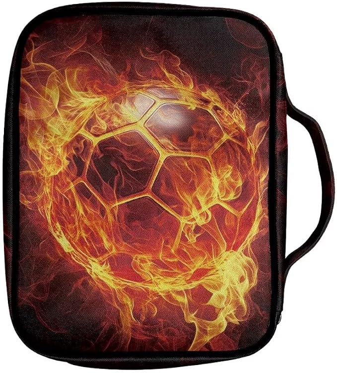 Coldinair Fire Soccer Bible Cover with Handles - Zippered Carrying Case for Boy Teen - Cool Tote Bag Book Cover Accessories - Christian Church Bag Purse