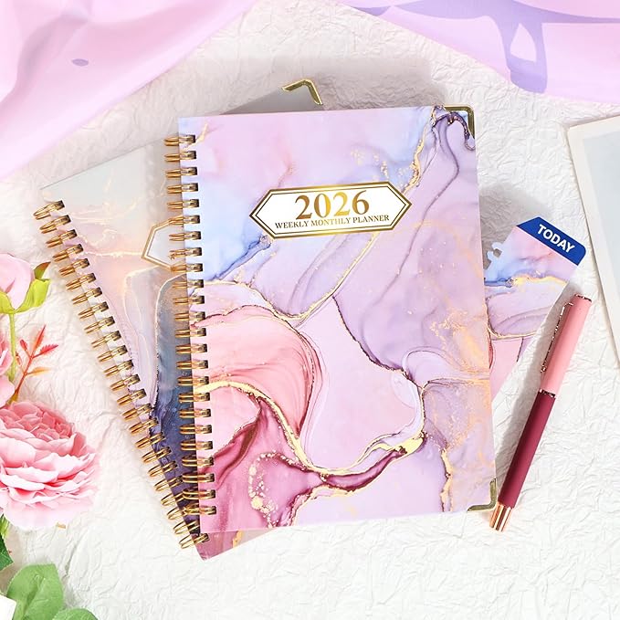 2026 Planner, Jan.2026 - Dec.2026 Weekly Monthly Planner 6.25"x8.5" with Page Tabs, Calendar Hardcover with Inner Pocket, Elastic Band, Twin-Wire Binding, Bookmark, Pink Marble