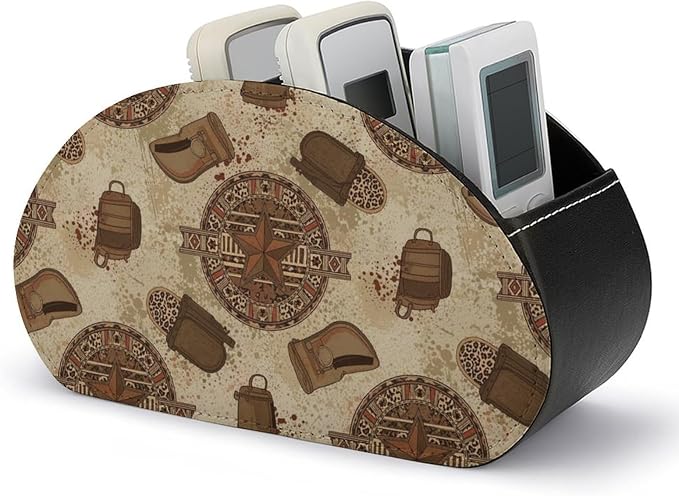 TV Remote Holder with 5 Compartments, PU Leather Desktop Organizer for Bedside Table, Office, and Living Room, Western Texas Star