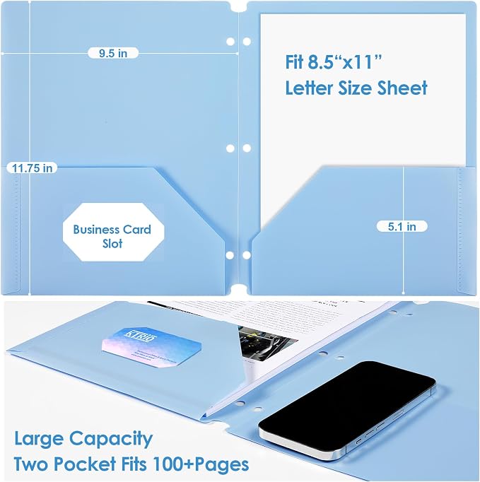 KTRIO 6 Pack Plastic Pocket Folders, 3 Hole, Letter Size, 6 Assorted Colors | 3 Hole Punched, 2 Pocket Storage, Water-Resistant PP, Business Card Slot, 6 Assorted Colors