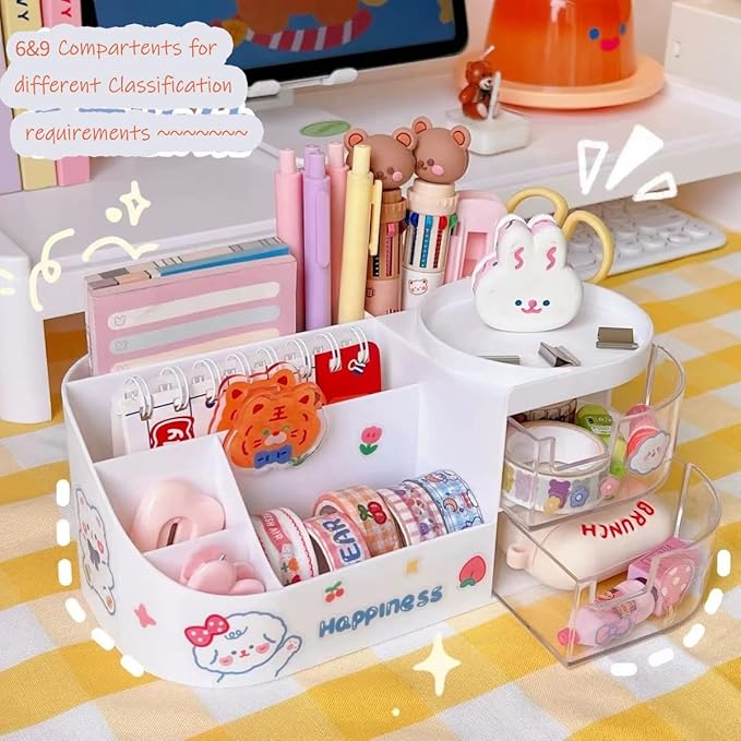 Kawaii Stationery Storage Box Makeup Organizer with 2 Drawers, Kawaii Pen Organizer with Stickers DIY Fun, Desk Organizers and Accessories with 5 Compartments for Teen Girls Office Art Supplie
