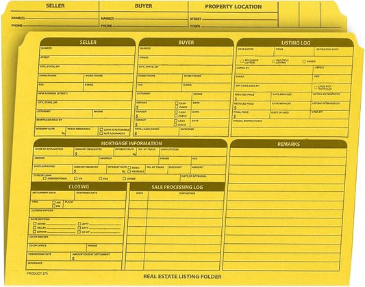 Real Estate Listing Folder - Right Panel List, Holder for Documents Pre-Printed with Closing Checklist & Tracker on Card Stock - Color Dots for Organization - Letter Size, 25-Pack - Yellow