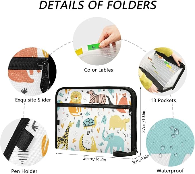 13 Pockets Expanding File Folder Wild African Animals Cute with Sticky Labels Accordion File Folder Document Organizer Letter Size A4 Papers Expandable File Keeper