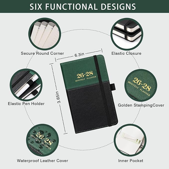 2026-2028 Pocket Calendar/Planner - 3 Year Monthly Pocket Calendar 2026-2028, from January 2026 to December 2028, 6.4" x 3.8", with Elastic Closure, Water Proof Leather - Green