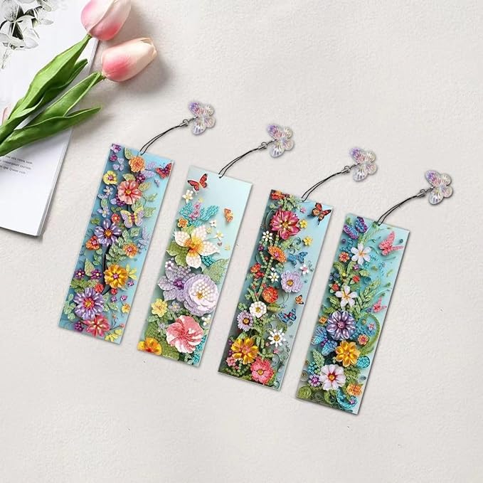 ARTopet 4Pcs DIY Diamond Art Painting Bookmarks with Colorful Butterfly Pendant PET Bookmark Ornament Double Sided Pattern Single Sided Diamond Book Marker Clip Gifts Tags-Flowers06