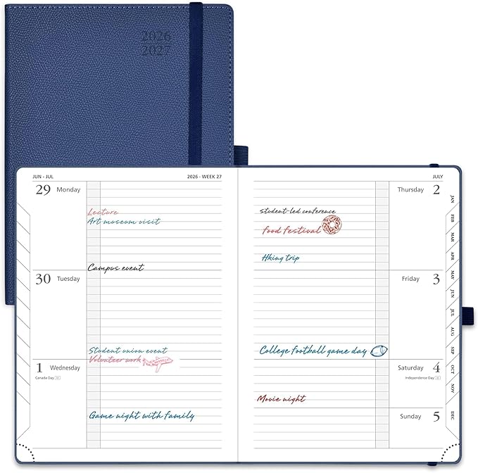 POPRUN Planner 2026-2027 (Medium 6.75"x 8.75"), Horizontal Weekly Notebook Jul.2026 - Jun.2027, Academic Appointment Book with Monthly Tabs, Leather Hardcover, 100 GSM - Navy Blue