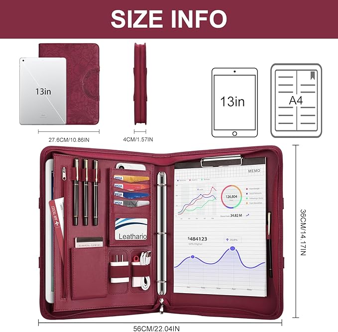 Leathario Portfolio Binder, Includes 5 Folder Index Dividers, 13 Inch Tablets Organizer with Handle, Vegan Leather A4 Padfolio, Multi-Pocket Notepad Business Planner Professional Document