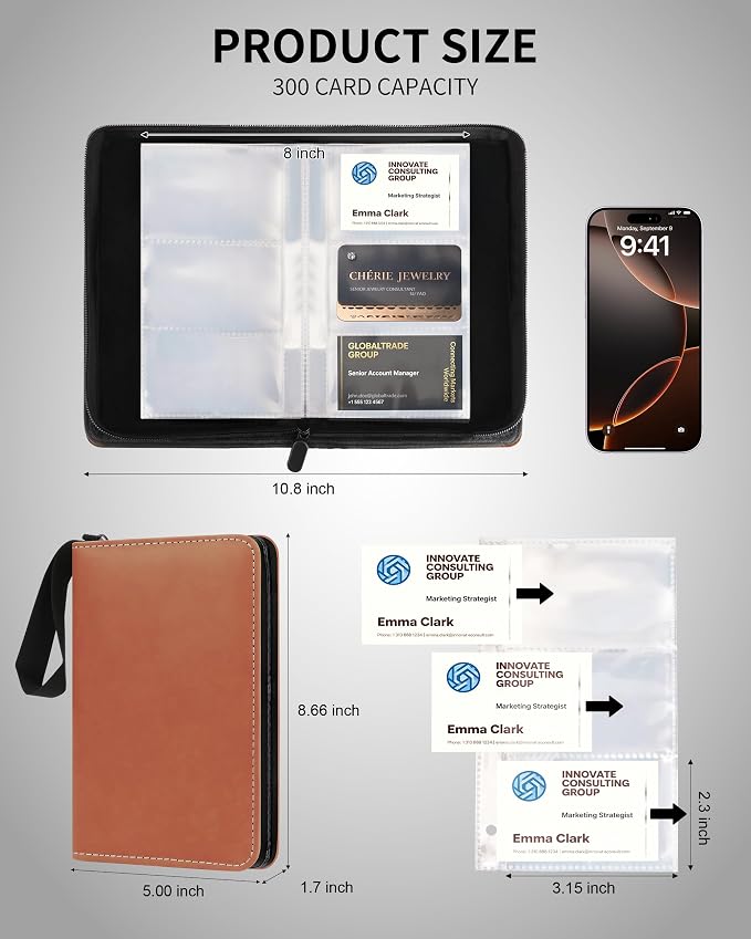 Leather Business Card Book Holder Organizer, Professional Name Card Book Holder with 300 Card Capacity, Portable PU Credit Card Wallet File Sleeve Storage for Men Women,50 Pack Sleeves (Reddish Brown)