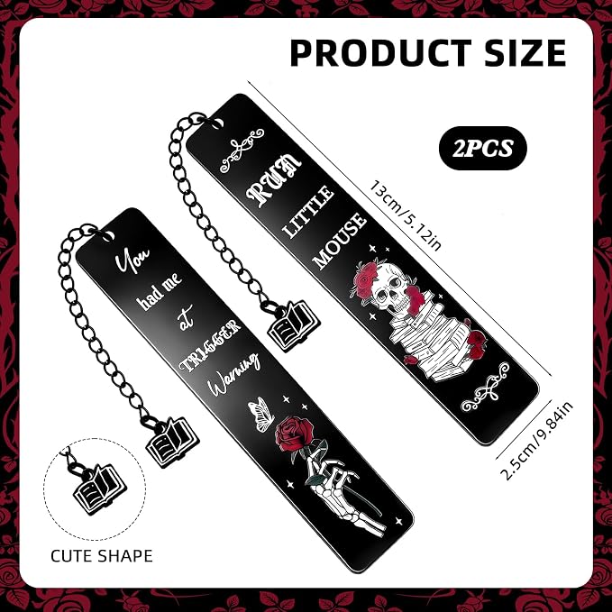 2Pcs Dark Romance Bookmark Funny Gifts for Women Men Book Lover Cute Metal Book Mark Stainless Steel Bookmark Skull Rose Reading Lover Accessories Unique Friend Coworker Valentines Day Gifts