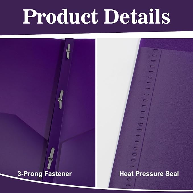 12-Pack Plastic Folders with Pockets and Prongs, 2-Pocket Poly Folders with 3 Fasteners Holds 8-1/2" x 11" Paper for School/Office/Home, Purple