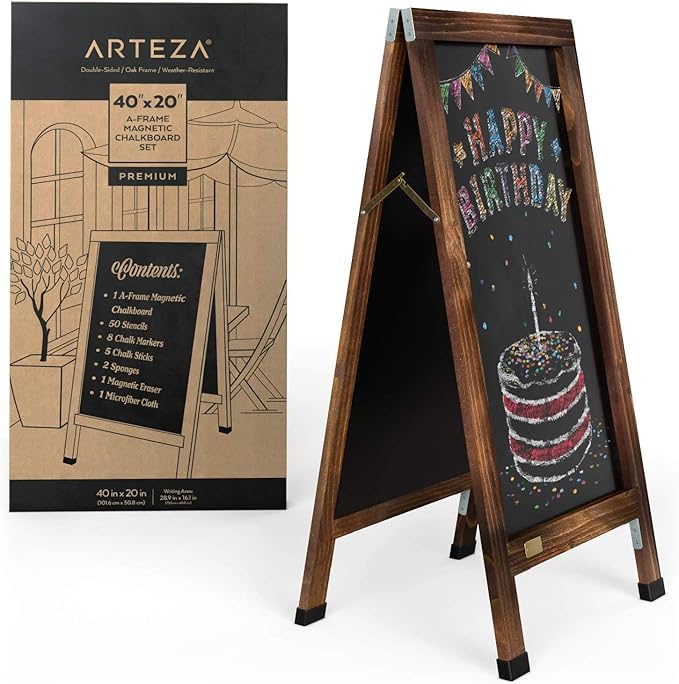 Arteza 40x20 Inch A-Frame Chalkboard Easel Set, Outdoor Chalkboard Sign with Chalk Sticks, Chalk Markers, Erasers, and Stencils, Standing Sign, Office Supplies for Businesses, Announcements & Events