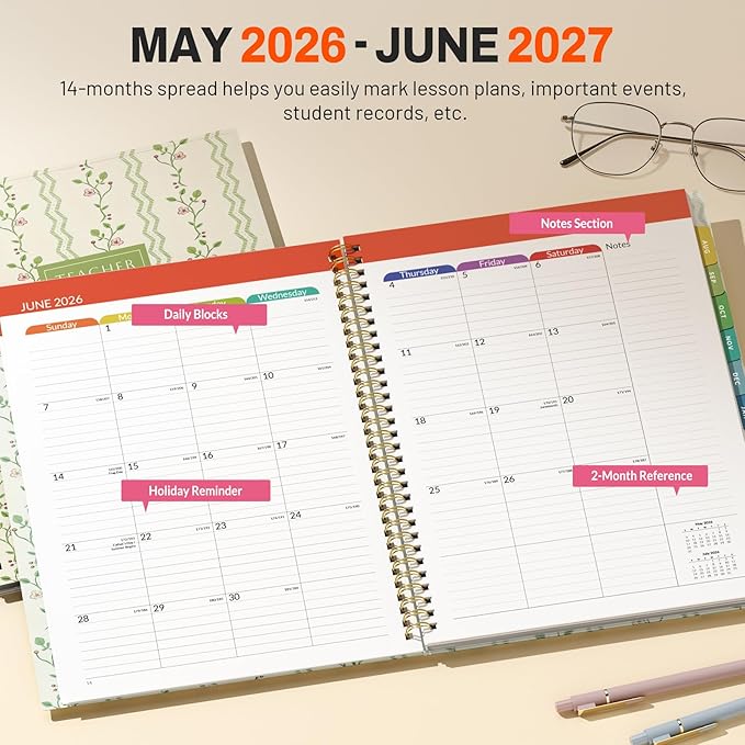 SUNEE Teacher Planner 2026-2027 Academic Year, 7 Periods Lesson Plan Book Jul 2026 - Jun 2027, 8.5"x11" Daily Weekly Monthly Organizers Vertical Layout with Bookmark, Waterproof Cover, Floral Stripes