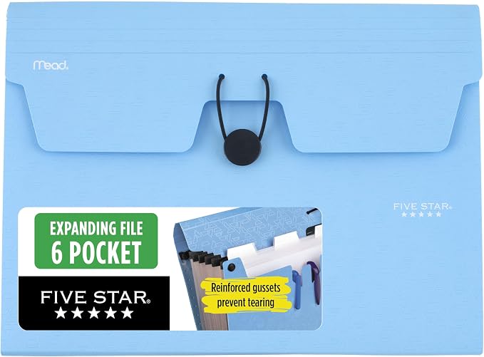 Five Star Expanding File Organizer, 6-Pocket Accordian File Organizer, Bungee Closure, Holds 8-1/2" x 11" Paper, Tidewater Blue (350100C-ECM)