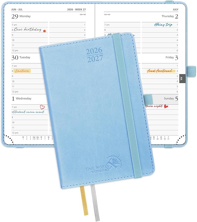 POPRUN Pocket Planner 2026-2027, Purse Size-4" x 6.25", Pocket Calendar (July 2026-June 2027) for Purse, Academic Small Weekly Planner with Hourly Slots, Leather Soft Cover, 100GSM - Blue