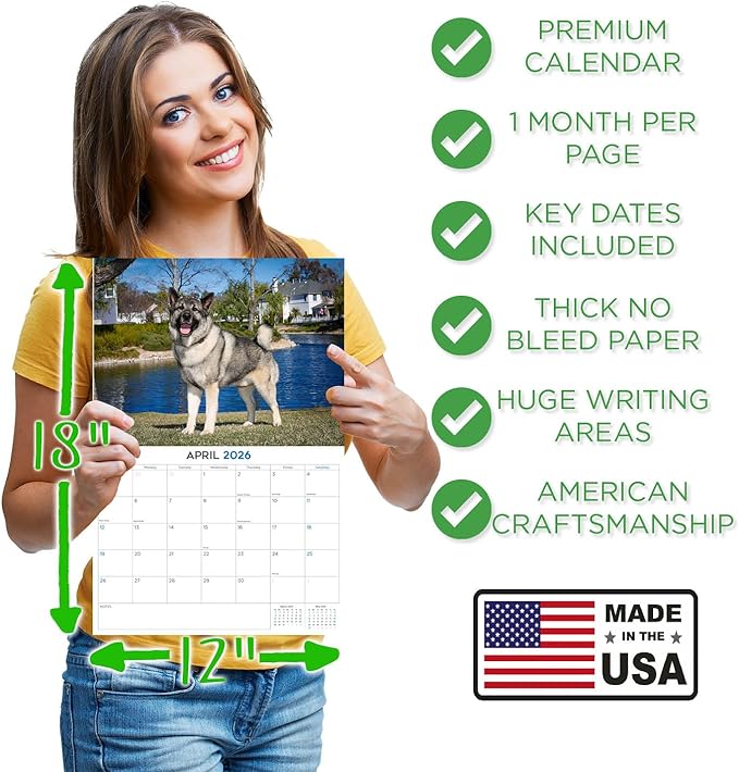 2025 2026 Norwegian Elkhound Calendar - Dog Breed Monthly Wall Calendar - 12" x 18" Open - Thick No-Bleed Paper - Giftable - Academic Teacher's Planner Calendar Organizing & Planning - Made in USA