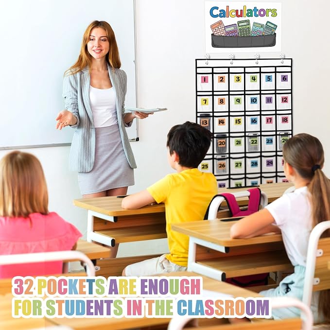 36 Pocket Calculator Holder for Classroom Calculator Storage Organizer over The Door Hanging Storage Rack with Clear PVC Pockets, Number Stickers for Back to School Exam Room