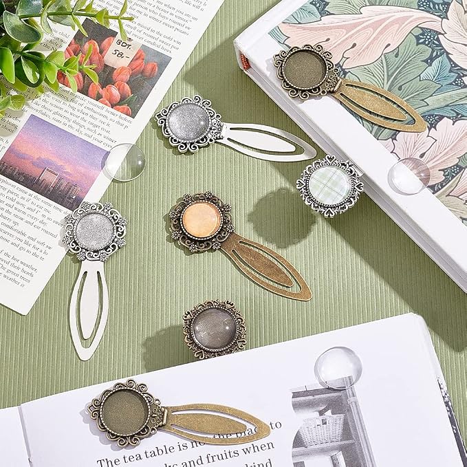 NBEADS 24 Pcs 3 Styles 2 Colors Bookmark Pendant Tray Kit, Including 12 Pcs Tibetan Style Bookmark Cabochon Settings 12 Pcs Dome Transparent Glass Cabochons for Reading Gift Crafting DIY Bookmark