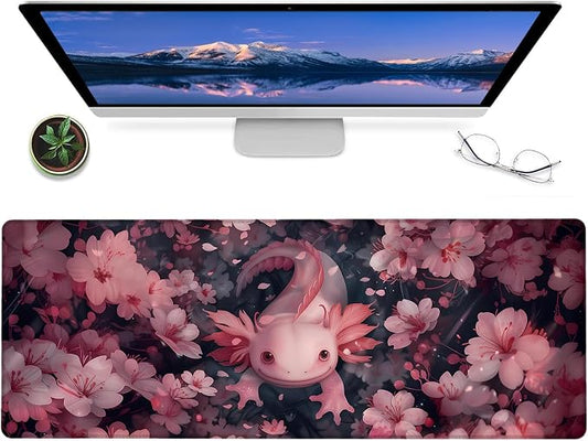 Cute Axolotl Gaming Mouse Pad – 12x31.5in Large Extended Desk Mat with Adorable Pink Salamander Design – Non-Slip Rubber Mousepad for Office Home – Deskmat Gifts for Ocean Lovers Decor
