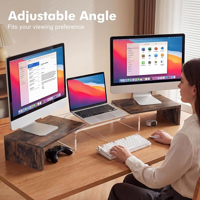 Dual Monitor Riser, Acrylic Monitor Riser, Adjustable Angle & Length Computer Monitor Stand, Wide Desk Shelf for Top of Desk for Home Office_Wood Look Small
