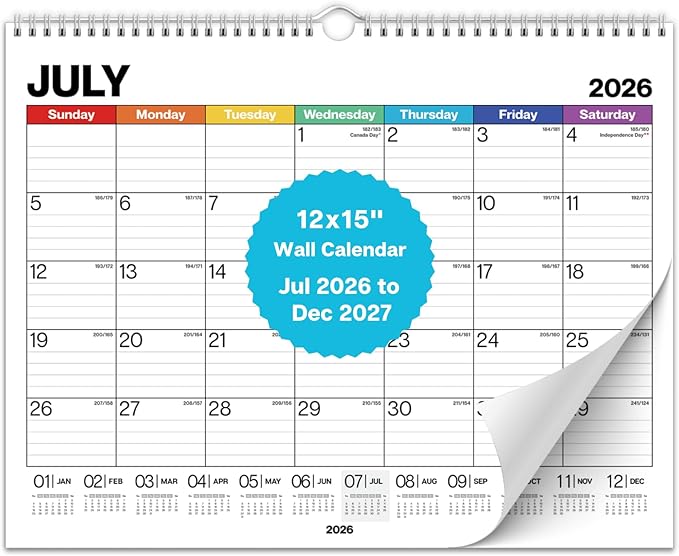 Dunwell 12x15 Wall Academic Calendar 2026-2027 (Colorful), Use July 2026 to December 2027, Large Lined 12 x 15 Monthly Hanging Calendar, Professional Styling for Home Office or School, Premium Paper