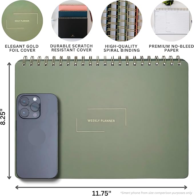 Undated Weekly Planner | 8.25” x 11.75” Work To-Do Notebook | ADHD Academic Organizer | Multi-Layout | Men and Women Planner | College Supplies | Black | Landscape Layout