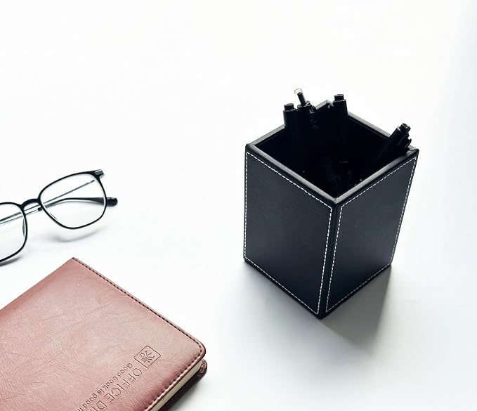 Square Pen Pencil Holder, PU Leather Pencil Cup, Desktop Stationery Organizer, Stand Desk Organizer, Office Accessories Container (Black)