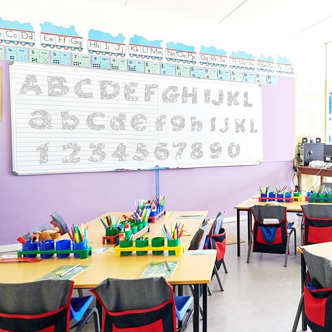 Colarr 216 Pcs Silver Glitter Bulletin Board Letters for Classroom Number Alphabet Punctuation Symbol Cutout 4'' Die-Cut Poster Letter with Adhesive Dot School Party Graduation Decor Display