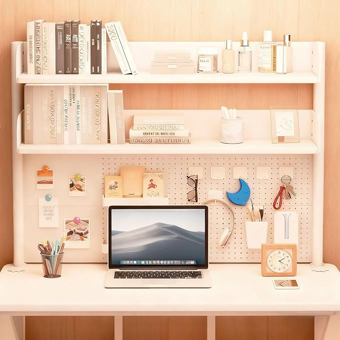 Clamp On Desk Shelf Organizer with Pegboard Desk Hutch Dorm with Storage Bookshelf Desk Top Organizer Shelf Multi-Purpose White & Black Desktop Shelves & Office Shelves(White, W - 39.4")