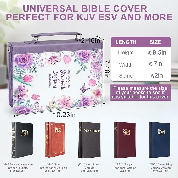Bible Cover Case for Women PU Leather Bible Bag, 9.5" x 7" x 2"Portable Book Carrying Holder Bag with Bible Study Supplies, Christian Gifts for Women and Girl (Purple)