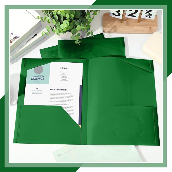 Henoyso 36 Pack Dark Green Plastic Folders with Clear Front Pockets Heavy Duty File Folders with 2 Pockets and Card Slot for Student Communication School Office Presentation Report