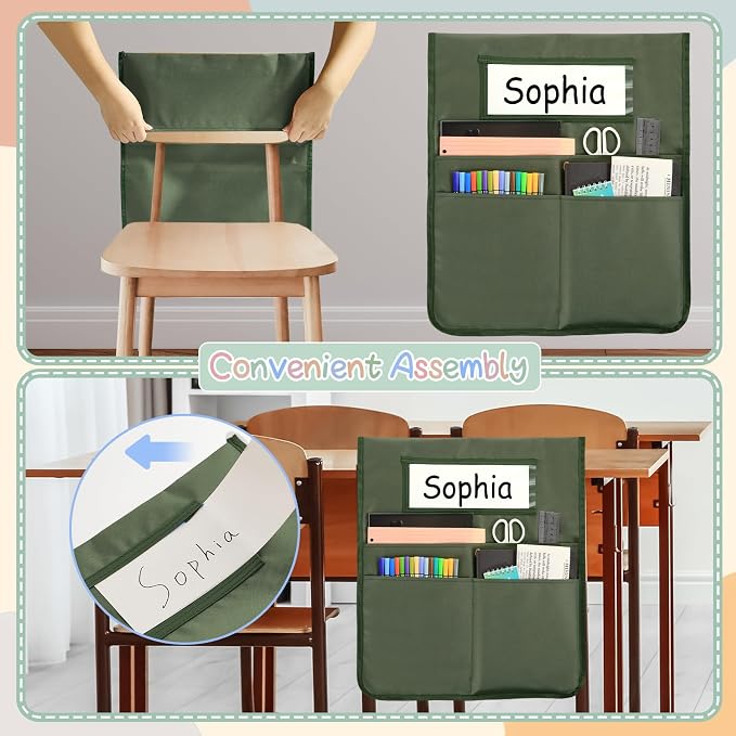 gisgfim 24 Pcs Chair Pockets for Classroom 16.7 x 19.3 Inch s with Name Tag Chairback 3 Pockets Chairs Seat Back Organizer for Elementary School Daycare Home Supply (Earth Color)