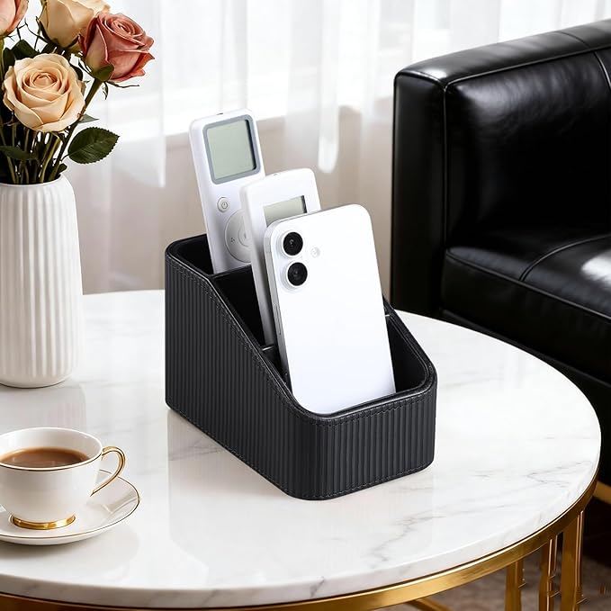Remote Control Holder, PU Leather Nightstand Organizer Bedside Caddy with 3 Compartments, Small Desk Organizer for Remote/Pen/Glasses/Phone (Black)