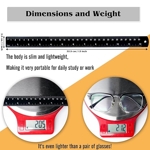 Metal Ruler 12 inch, Aluminum Rule with Metric and Imperial Measurement, 30 cm Long Straight Ruler with Inch and MM Conversion Table for Students and Office Supplies, 2 Pack