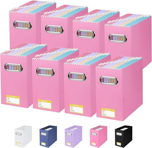 BALEINE File Organizer Box, Cardboard File Folder Organizer with Handle for Letter Size, Portable Collapsible Hanging Filing Box for Home Office Document Storage (8 Pack, Pink)