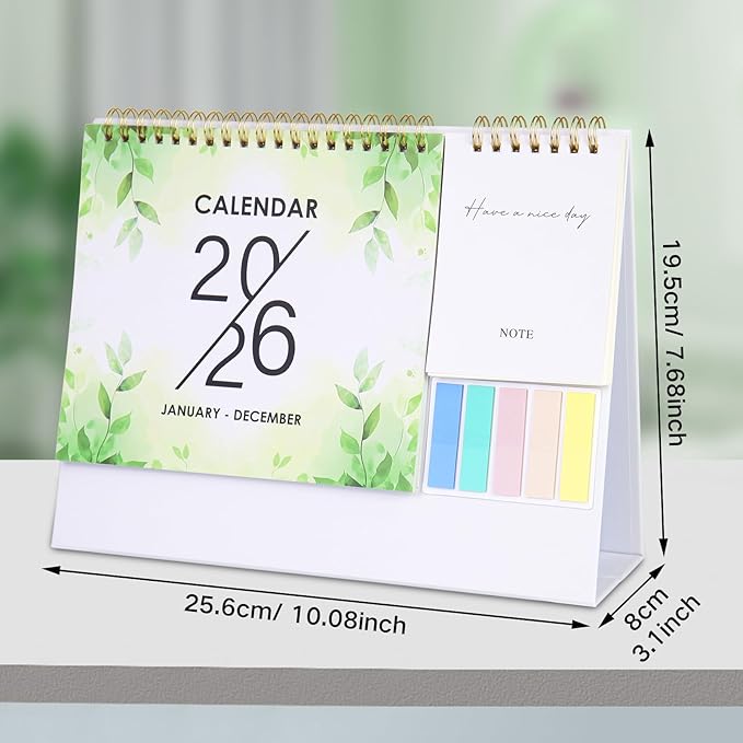 2026 Desk Calendar Small Standing Desktop Calendar (Jan-Dec. 2026) for Office Home Tabletop, 2026 Small Flip Calender with Writing Notepads and Sticky Notes, Green