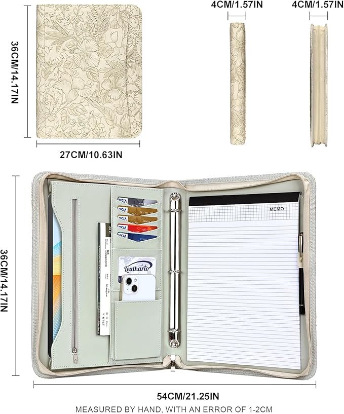 Leathario Portfolio Binder, Includes 5 Folder Index Dividers and 3 Notepads, 3-Ring Folder Organizer, Padfolio with Zipper, Vegan Leather Tablet Sleeve, Business Office Conference Clipboards