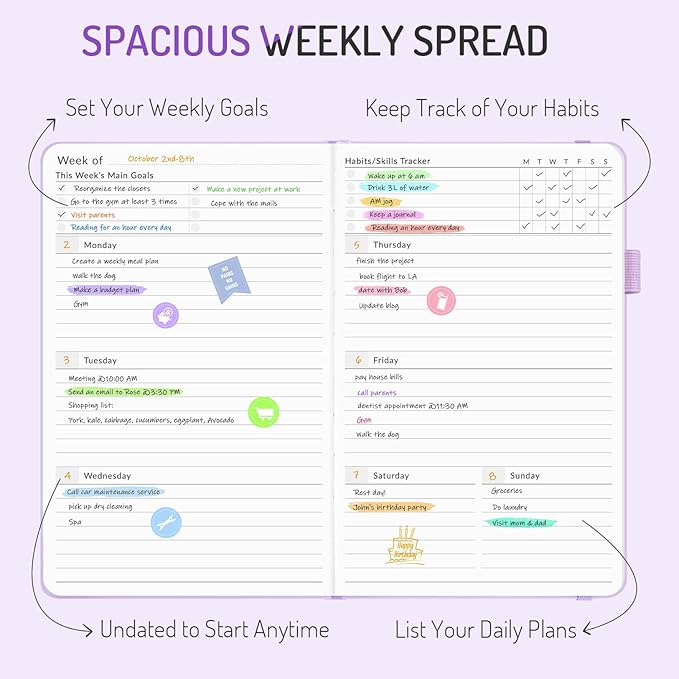 Undated Weekly Planner for 2026, Forvencer Simplified Weekly & Monthly Calendar Planner, Cute Daily Organizer Notebook, Agenda Journal to Track Goals & Tasks, Start Anytime, A5 Size, Black