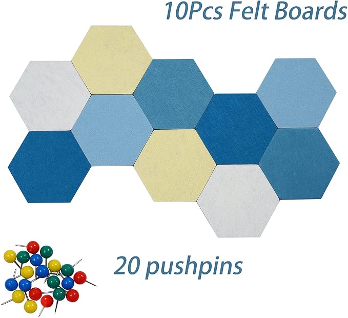 10Pcs Self Adhesive Felt Board Tiles Hexagon Bulletin Board for Walls, Felt Cork Pin Board for Pictures Photos Memos with Push Pins (Color B)