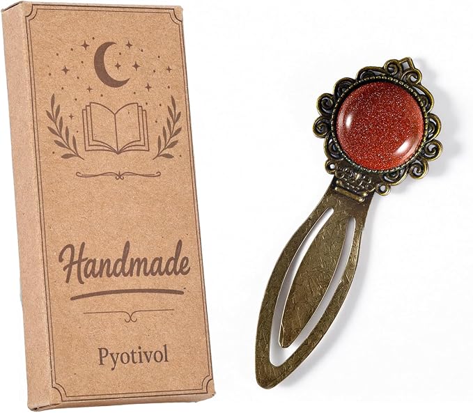 1Pcs Vintage Goldstone Bookmark with Natural Crystal Stone - Fantasy Brass Metal Bookmarks for Reading Women, Men, Book Lovers, Girls and Teachers Book Marks(Goldstone)