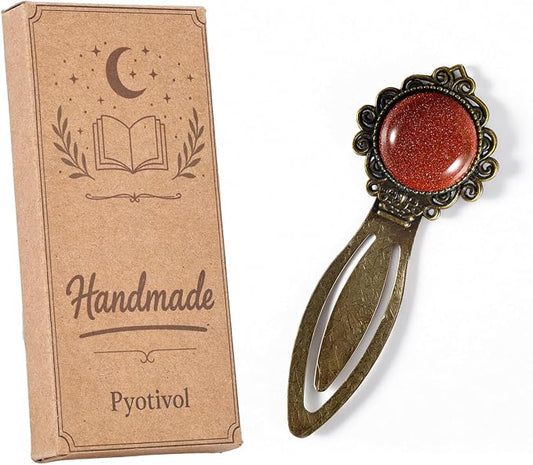 1Pcs Vintage Goldstone Bookmark with Natural Crystal Stone - Fantasy Brass Metal Bookmarks for Reading Women, Men, Book Lovers, Girls and Teachers Book Marks(Goldstone)