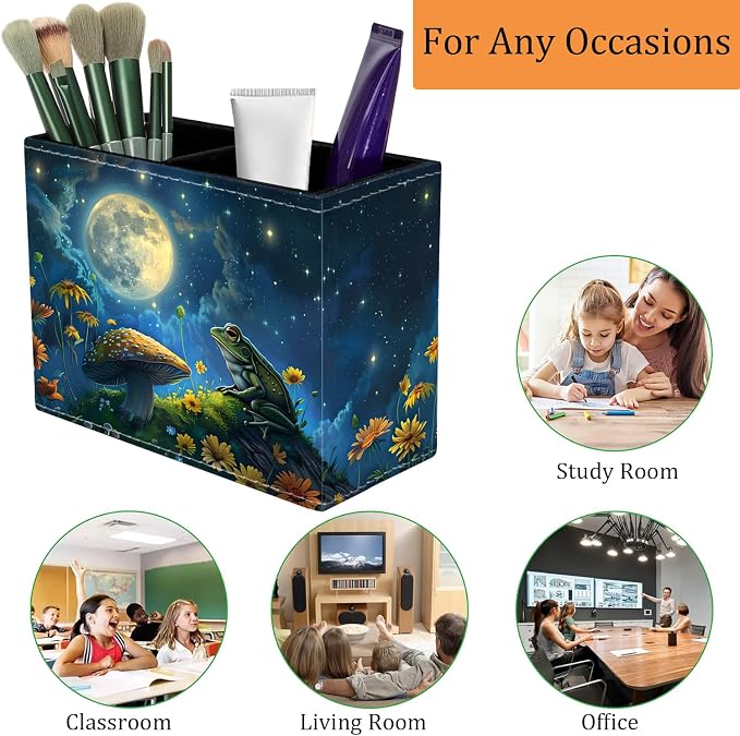 Pen Holder for Desk, PU Leather Multifunctional Desktop Storage Box and Anti-Slip Mouse Pad Set, Makeup Brush Holder Pen Organizer for Office and Home - Frog Mushroom