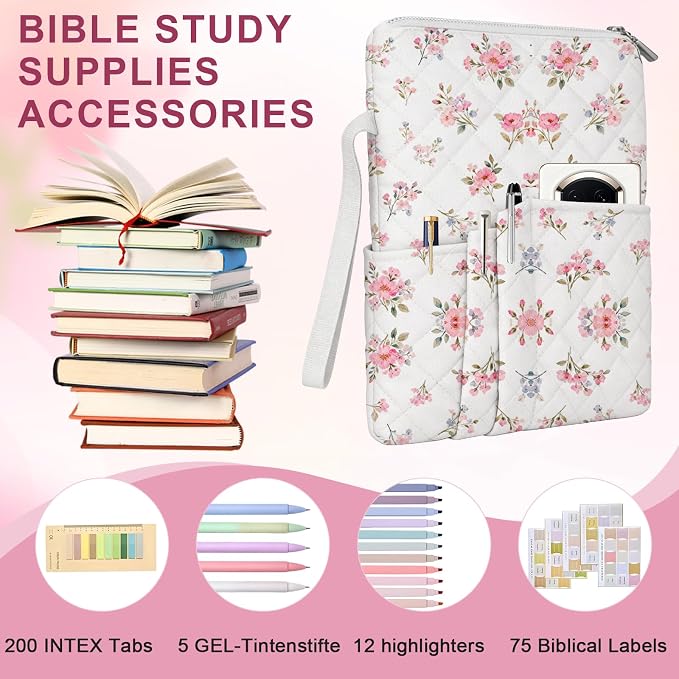 Bible Bags for Women with Bible Study Supplies Kit, Quilted Pink Flower Bible Cover Case, Bible Cover with Zipper & Pockets, Bible Bag, Bible Covers for Girls,10x8 Inch