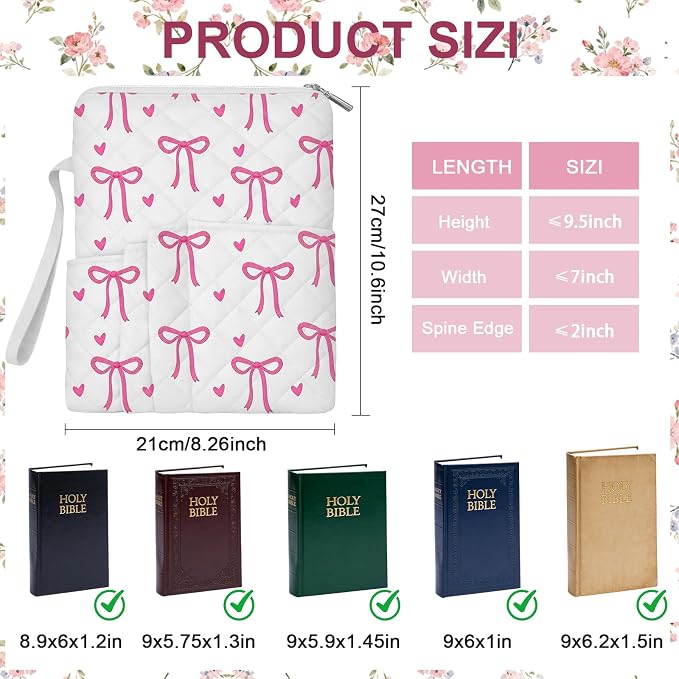 Bible Study Supplies Kit for Women, Quilted Pink Bow Bible Cover Case, Bible Bag with Handle Zipper & Pockets, Book Sleeve Pouch, Bible Accessories Gift for Girls,10x8 Inch