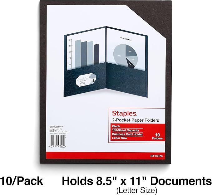 Staples 10% Recycled Smooth 2-Pocket Paper Presentation Folders, Letter Size File Folders for School & Office, Black, 10-Pack