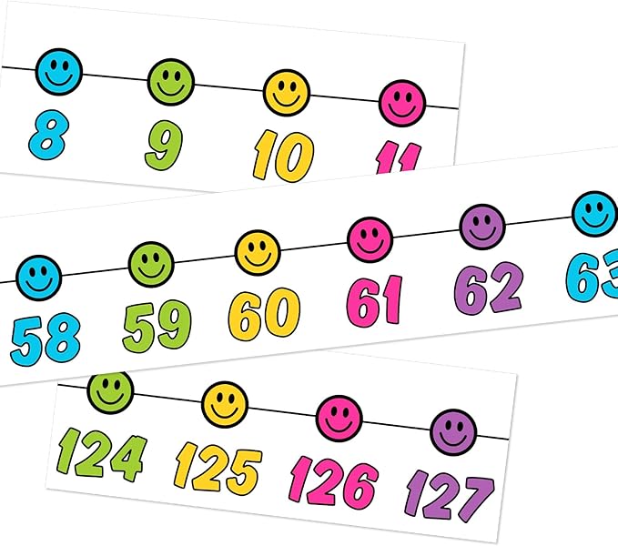 Whaline 32Pcs Retro Number Line Bulletin Board Rainbow Color Smile Face Number Line Boarder Strips Math Borders for Home Classroom Wall Decor